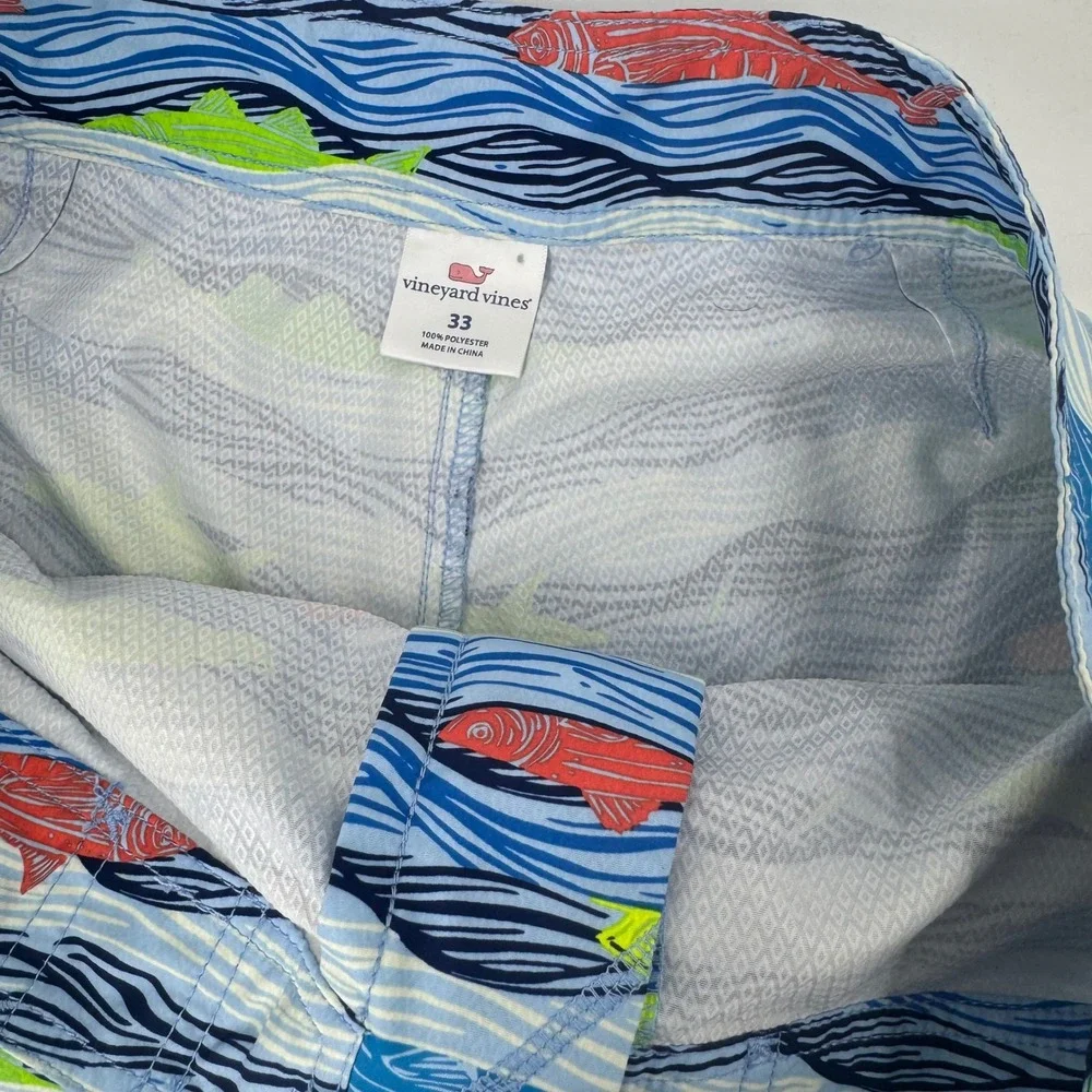 Vineyard Vines Mens 33 Board Shorts Blue Fish‎ Wave Print Swim Trunks Nautical